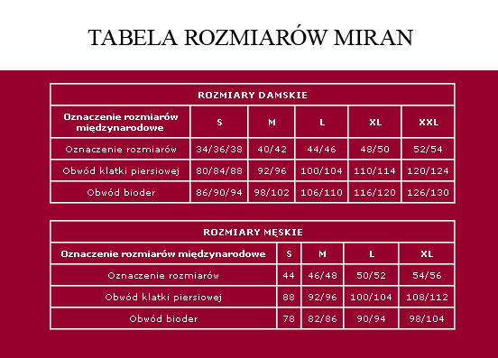 tabela rozmiarów - bielizna Miran