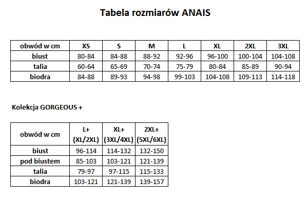 tabela rozmiarów - bielizna Anais