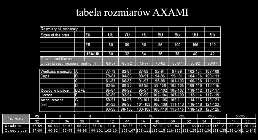 tabela rozmiarów - bielizna Axami