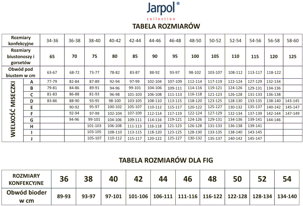 tabela rozmiarów - bielizna Jarpol
